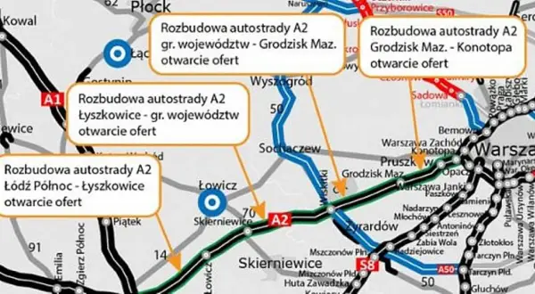 Aktualności dzisiaj: Rozbudowa autostrady A2 Łyszkowice - gr. województw, otwarcie ofert. Mapa pokazuje postęp prac.