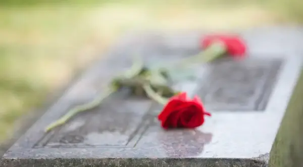 Dwie czerwone róże na kamiennej płycie nagrobnej symbolizują pożegnanie pogrzebowe i wieczną pamięć.