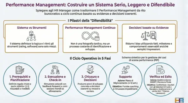 Schema del Performance Management: pilastri, ciclo operativo e gestione della scarsa performance individuale (esempio).