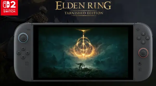 Nintendo Switch z Elden Ring: Tarnished Edition. Bohater klęczy przed Wielkim Pierścieniem w mrocznym świecie.