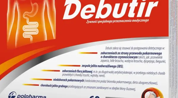 Opakowanie leku Debutir z grafiką układu pokarmowego. Wskazania: zespół jelita nadwrażliwego, zaburzenia flory jelitowej.