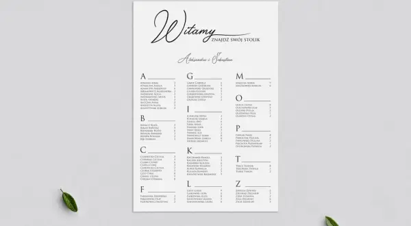 Lista gości wesela z podziałem na stoliki. Znajdź swoje miejsce przy stoliku A, B, C, F, G, I, K, L, M, O, P, T lub Z.