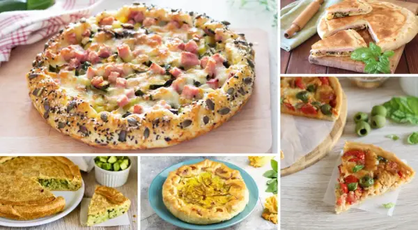 Varie torte salate: una con prosciutto e zucchine, una chiusa, una con pomodorini e olive, una con zucchine e una con fiori di zucca.