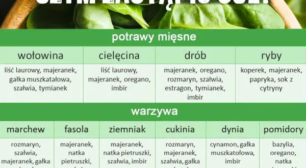 Tabela podpowiada, czym zastąpić sól w potrawach mięsnych i warzywach, proponując zioła i przyprawy.