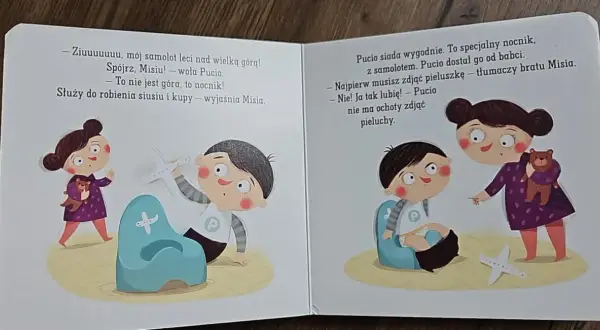 Pucio u dentysty? Nie, to nocnik! Misia tłumaczy, że to specjalny nocnik z samolotem, ale Pucio nie chce zdjąć pieluchy.