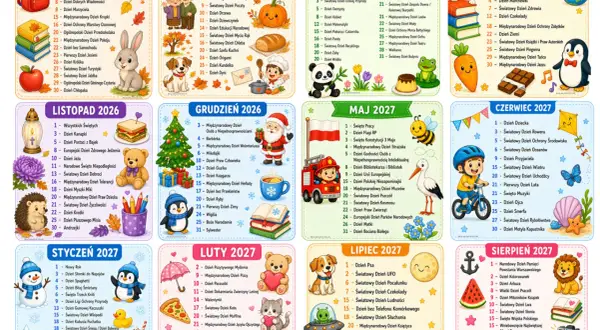 Kalendarz 2026/2027 pełen kolorowych ilustracji, idealny na dni nietypowe w przedszkolu.