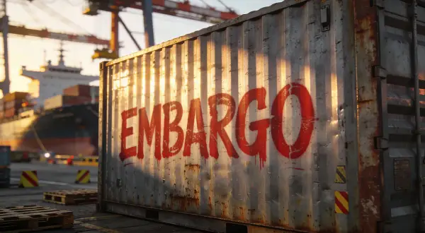 Kontener w porcie z napisem "EMBARGO" w języku polskim. W tle statek i dźwigi.