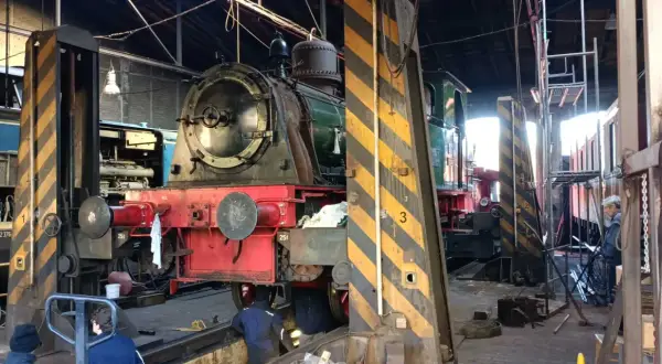 Im Eisenbahnmuseum Dieringhausen stehen mehrere Dampflokomotiven zur Wartung bereit. Eine rote und grüne Lokomotive ist im Vordergrund zu sehen.