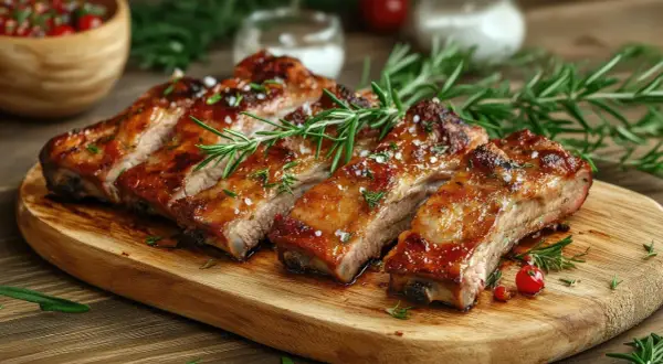 Costillas de cerdo al horno, jugosas y doradas, servidas en tabla de madera con romero y sal gruesa.