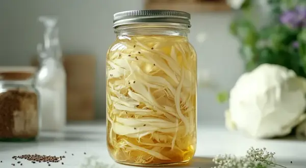 Ein Glas mit spitzkohl fermentieren. Feine Kohlstreifen und Senfkörner in einer goldenen Flüssigkeit.