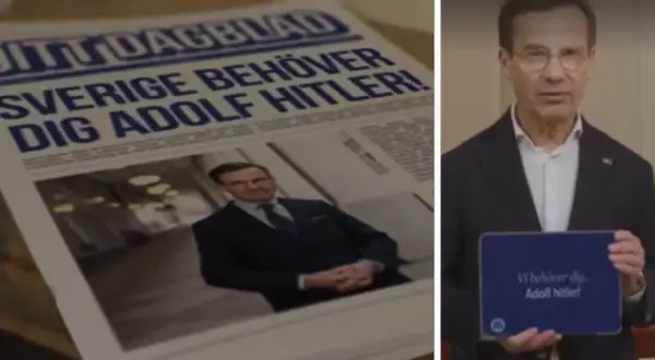 En tidning med rubriken "Sverige behöver dig Adolf Hitler!" och en man som håller en surfplatta med samma text. Frågan om hade Hitler barn är irrelevant för bilden.