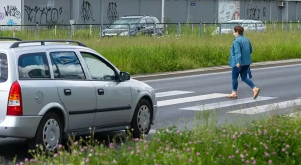 Kobieta w dżinsowej kurtce przechodzi przez przejście dla pieszych. Srebrny samochód czeka, a w tle widać budynki z napisami.