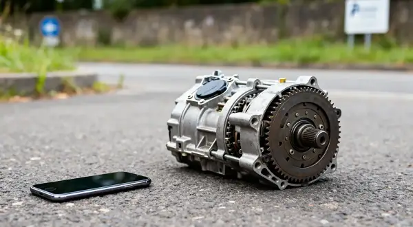 Une boite CVT métallique repose sur l'asphalte à côté d'un smartphone.