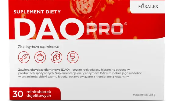 Opakowanie suplementu diety DAO PRO z enzymem DAO, który pomaga rozkładać histaminę. 30 minitabletek.