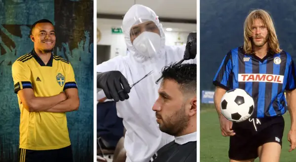 Snygga fotbollsspelare: en i svensk landslagströja, en som klipps i skyddsutrustning, och en med långt hår som håller en fotboll.