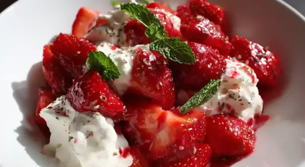 En härlig Eton Mess med färska jordgubbar, vispad grädde och mynta. Perfekt sommarfika!