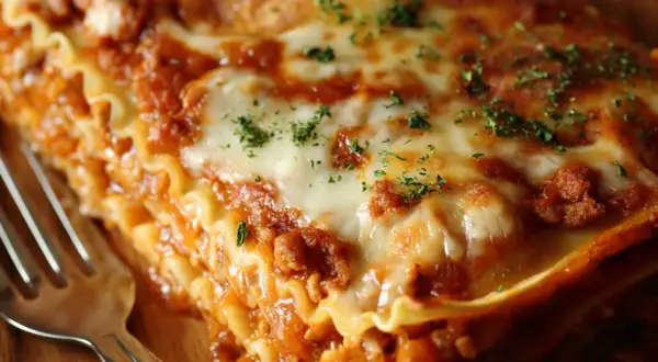 Ein Stück **Lasagne einfach** mit geschmolzenem Käse und Hackfleischsauce, garniert mit Petersilie. Daneben eine Gabel.