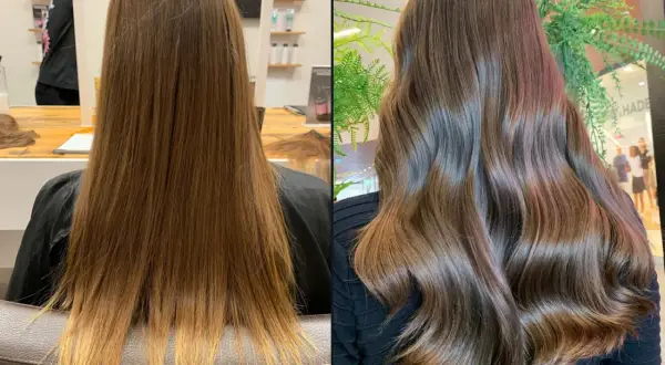 Vorher-Nachher-Vergleich: Langes Haar mit Balayage in Dunkelblond, das nun glänzend und wellig fällt.