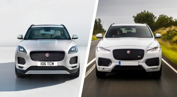 Dwa białe Jaguar SUV-y: jeden statycznie na białym tle, drugi w ruchu na drodze.