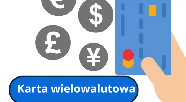 Dłoń trzyma kartę wielowalutową Santander. W tle symbole euro, dolara, funta i jena.