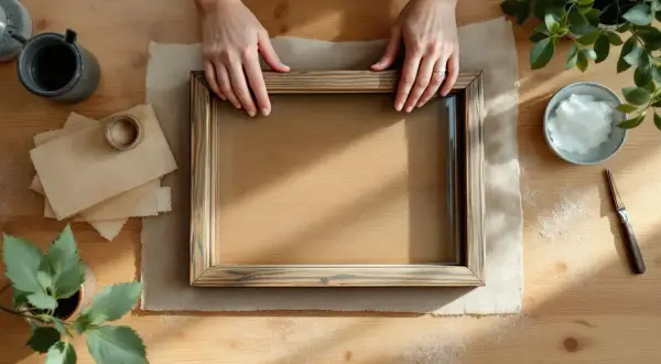 Mains tenant un cadre en bois de palette, prêt à fabriquer un nouveau souvenir.