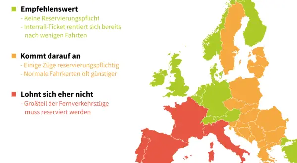 Karte zeigt, wie funktioniert Interrail: grün (empfehlenswert, keine Reservierung), orange (kommt darauf an), rot (lohnt sich eher nicht, viele Reservierungen).