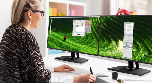 Kobieta pracuje przy dwóch monitorach z wąską ramką (bezel), edytując zdjęcie tarasów ryżowych.