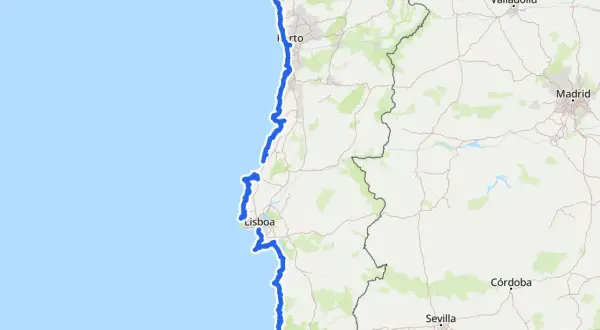 Ruta EuroVelo 1 recorre la costa atlántica de Portugal, pasando por Vigo, Oporto y Lisboa, hasta el sur.