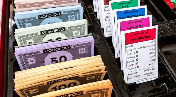 Monopolowe banknoty o nominałach 10, 20, 50, 100 i 500 oraz karty własności nieruchomości.