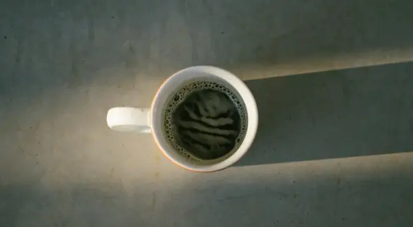 En kopp kaffe med skum. Är koffeinfritt kaffe farligt? Denna bild ger inga svar, bara en stunds eftertanke.