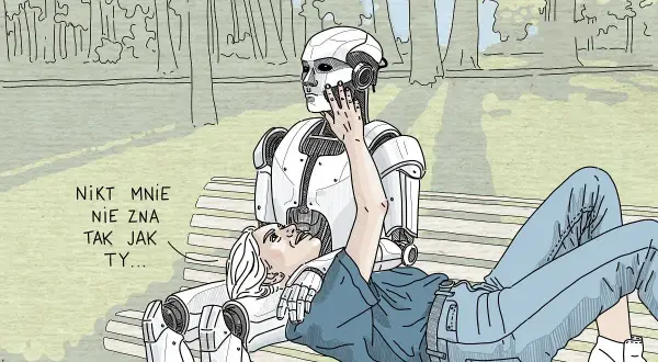 Dziewczyna leży na robocie, który siedzi na ławce w parku. Robot czule dotyka jej policzka. "Nikt mnie nie zna tak jak ty..." - mówi dziewczyna. To idealne czułe wierszyki dla niego.