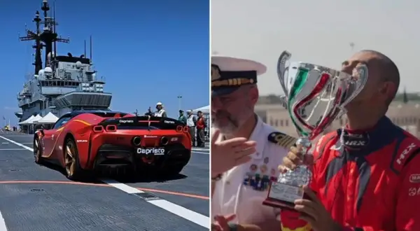 Fabio Barone festeggia una vittoria con un trofeo, mentre un'auto sportiva rossa sfreccia su una nave.