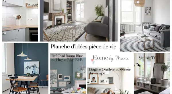 Ambiance chaleureuse avec un tapis **frake bois** au salon, une cuisine épurée, et une salle à manger bleue.