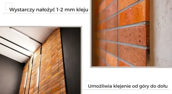 Cegła na ścianie, jak ciąć cegłę na płytki. Wystarczy nałożyć 1-2 mm kleju, umożliwia klejenie od góry do dołu.