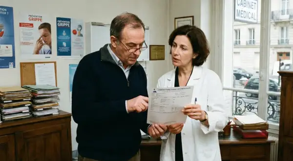 Un médecin examine avec un patient un rapport d'analyse médicale, discutant des résultats, peut-être liés à l'acide urique.