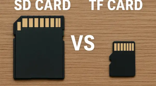 Comparación visual entre una tarjeta SD y una tarjeta TF (microSD). La tarjeta TF es mucho más pequeña.