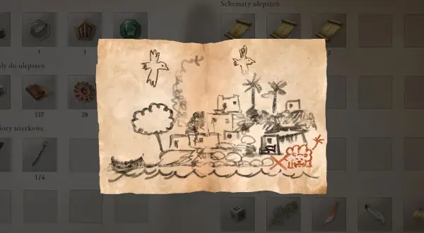 Mapa skarbów z Assassin's Creed Mirage. Dziecięcy rysunek przedstawia miasto, ptaki i tajemnicze symbole, wskazując drogę do ukrytych zagadek.