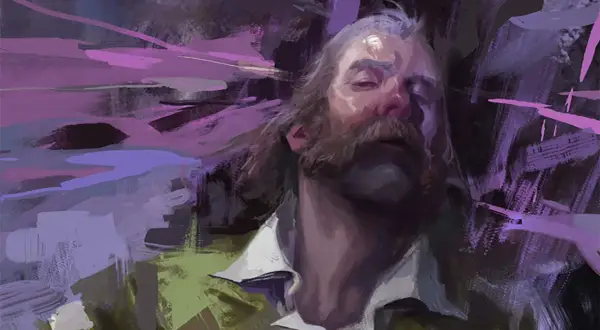 Portret mężczyzny z wąsami, w stylu Disco Elysium 2, otoczony fioletowymi, abstrakcyjnymi pociągnięciami pędzla.
