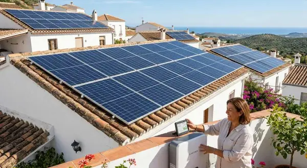 Mujer sonríe mientras revisa datos en tablet junto a inversor, con tejados llenos de paneles solares. ¡Un paso más para legalizar instalación fotovoltaica!