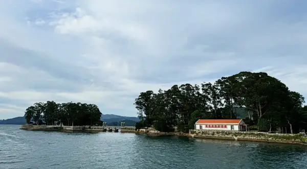 La isla de San Simón, con su casa de tejado naranja y frondosos árboles, se alza sobre el agua serena bajo un cielo nublado.