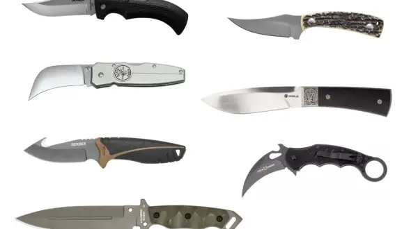 Vari tipi di coltelli da cucina e usi: coltello pieghevole, da caccia, da intaglio, karambit e altri.