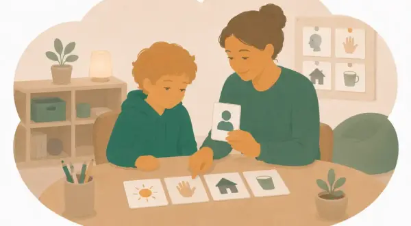 Kvinna och barn övar med bildkort, en metod som kan stödja barn med autism och adhd.