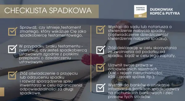 Checklista spadkowa: sprawdź testament, złóż oświadczenie o przyjęciu lub odrzuceniu spadku, wystąp do sądu lub notariusza o stwierdzenie nabycia spadku.