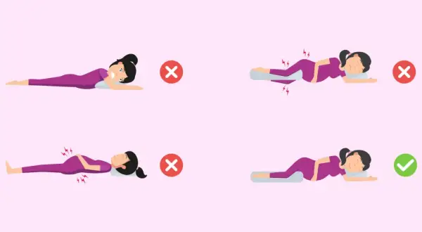 Posiciones correctas e incorrectas para dormir durante el embarazo. Evita presionar la vena cava durmiendo de lado con almohadas.