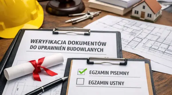 Żółty kask, dokumenty, dyplom, długopis i makieta domu na drewnianym stole.