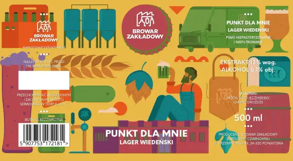 Ilustracja promuje piwo z browaru zakładowego. Widzimy butelki, cysterny, dostawczego vana i mężczyznę z kuflem.