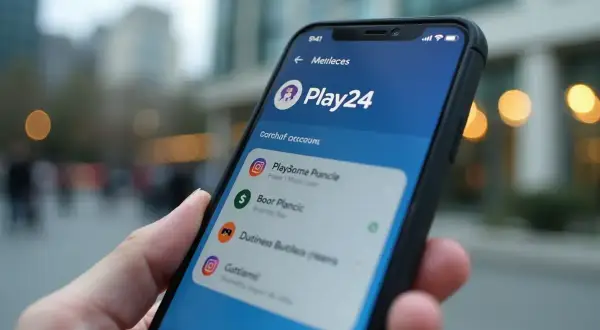 Dłoń trzyma smartfon z aplikacją Play24, na której widać listę kont i pakietów.