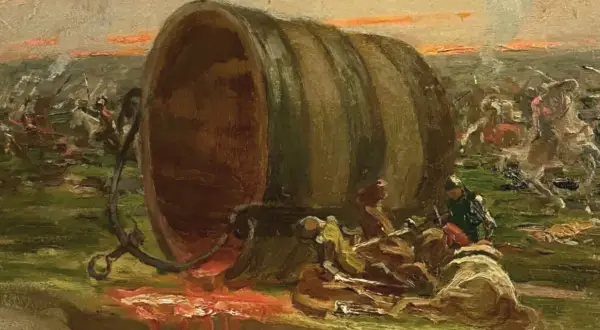 Un enorme secchio rovesciato al centro di una battaglia. Soldati a cavallo e a piedi si scontrano sullo sfondo, mentre il liquido rosso cola dal secchio. La **contesa del secchio** è il fulcro di questo caotico scontro.