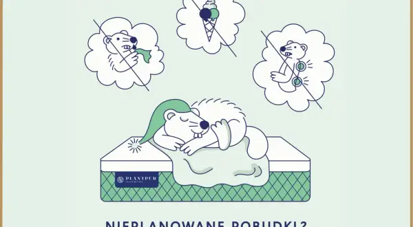 Śpiący bóbr na materacu, otoczony chmurkami z zakazanymi myślami: jedzeniem, stresem i bólem. Koniec z budzeniem się o 2-3 w nocy!