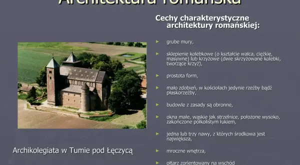 Architektura romańska: Archikolegiata w Tumie, przykład sztuki w średniowieczu. Grube mury, proste formy, małe okna.